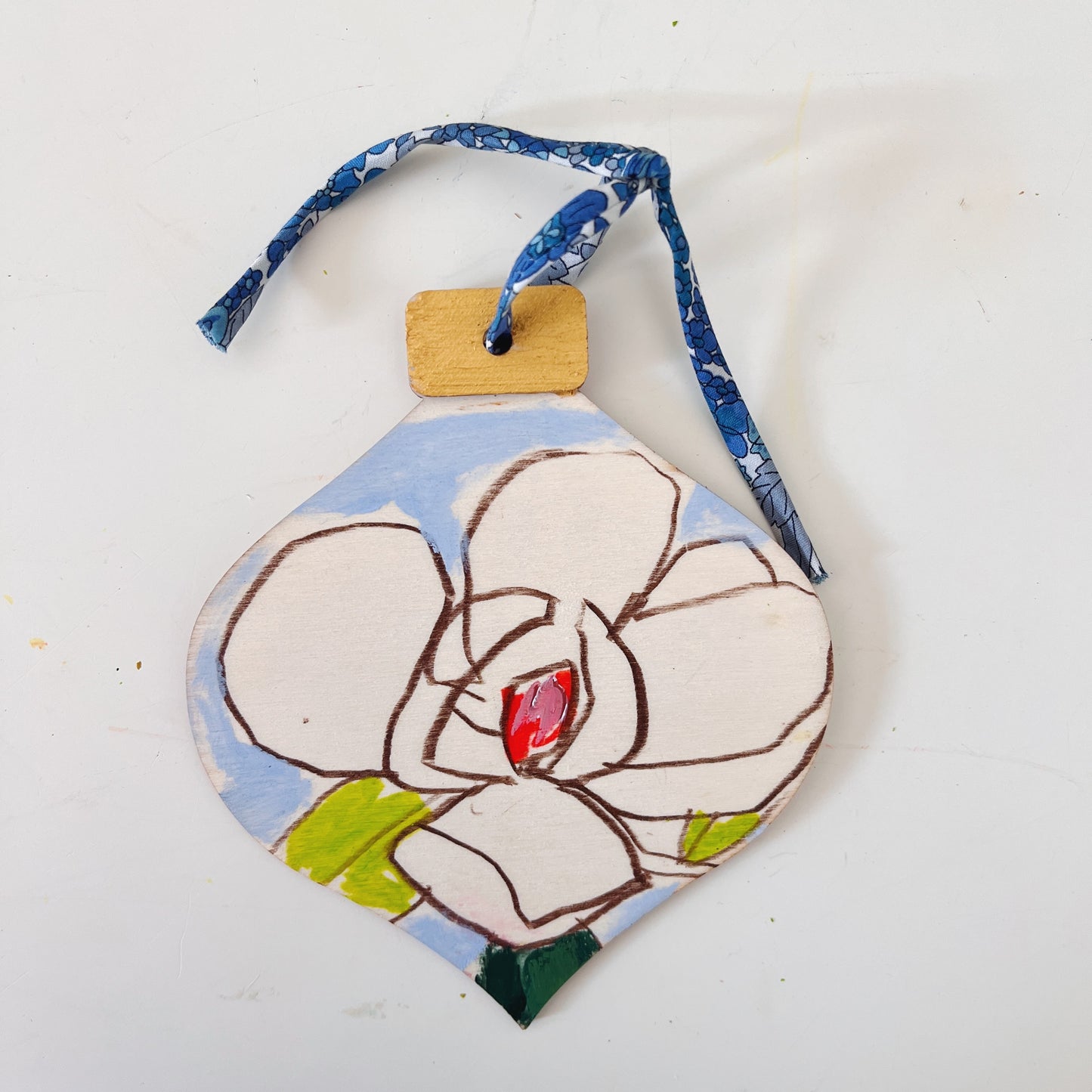 Magnolia no 8 ornament, hand-painted ornament by Maggie Stickney