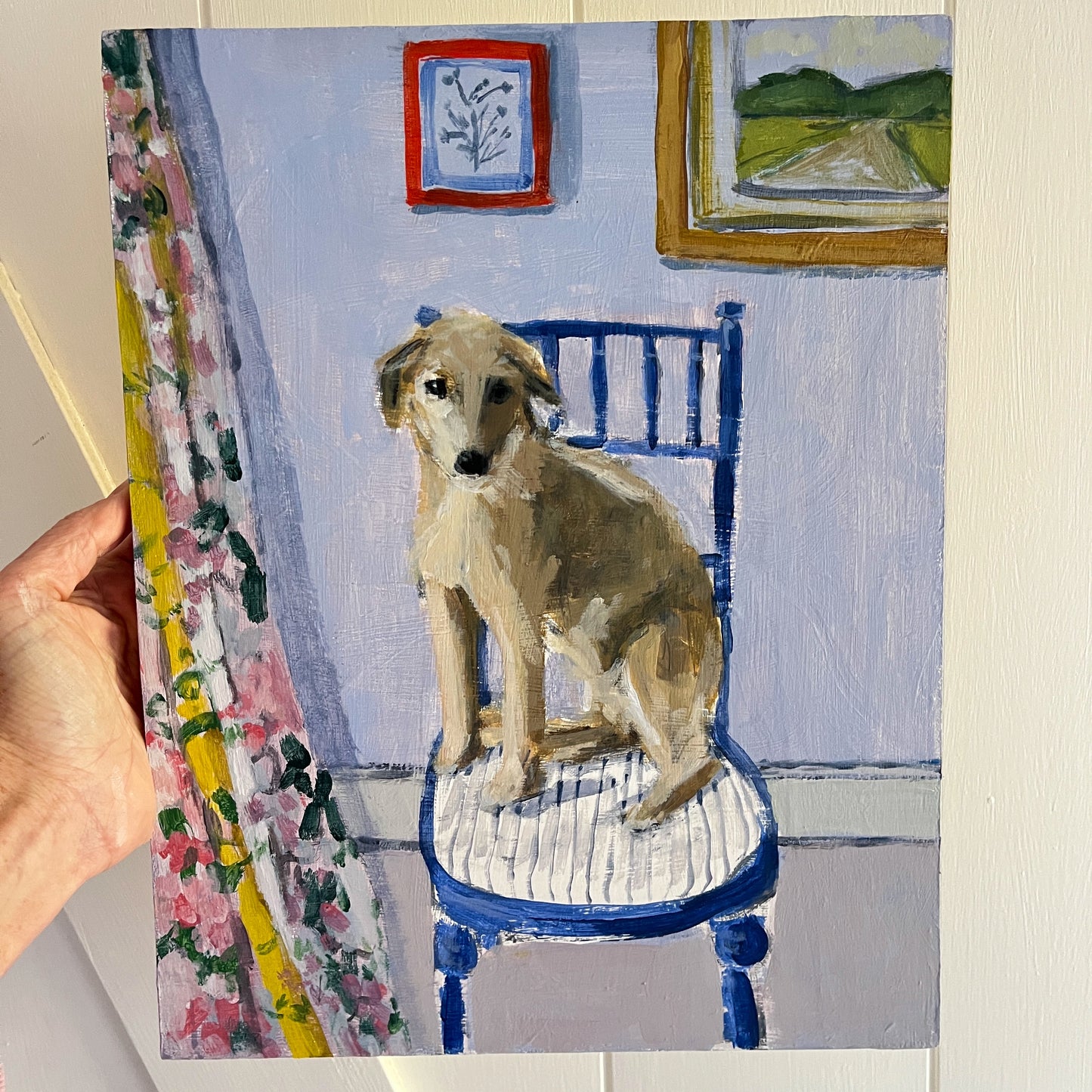 Dog on a Blue Chair, original animal painting by Maggie Stickney