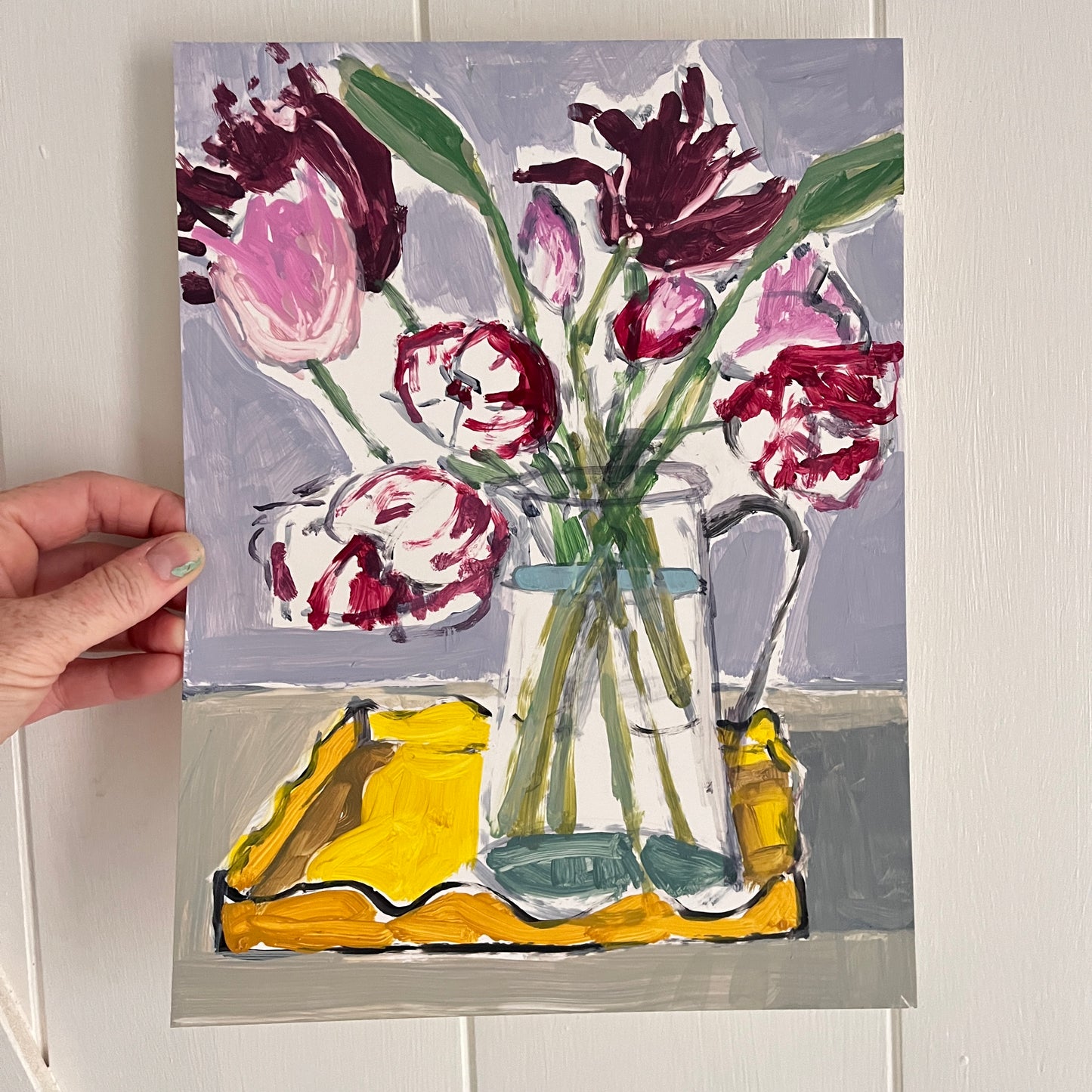 Fancy Tulips no 1, original still life painting by Maggie Stickney