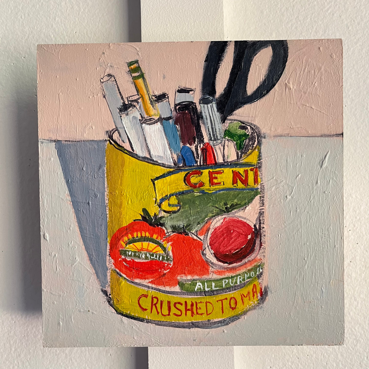 Markers and Scissors — pens, markers, and black scissors in a yellow crushed-tomato tin. Painting by Maggie Stickney.
