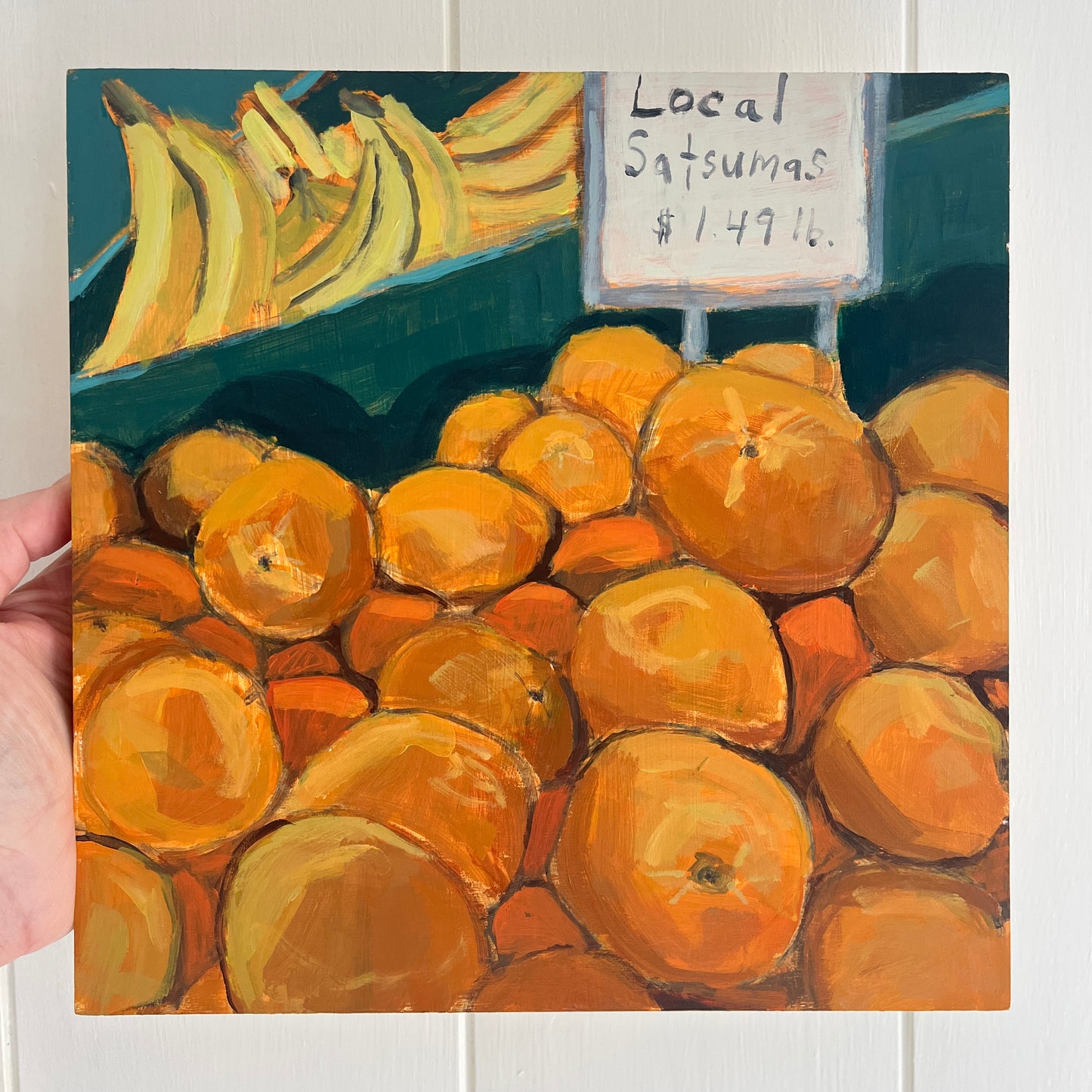 Local Satsumas, original still life painting by Maggie Stickney