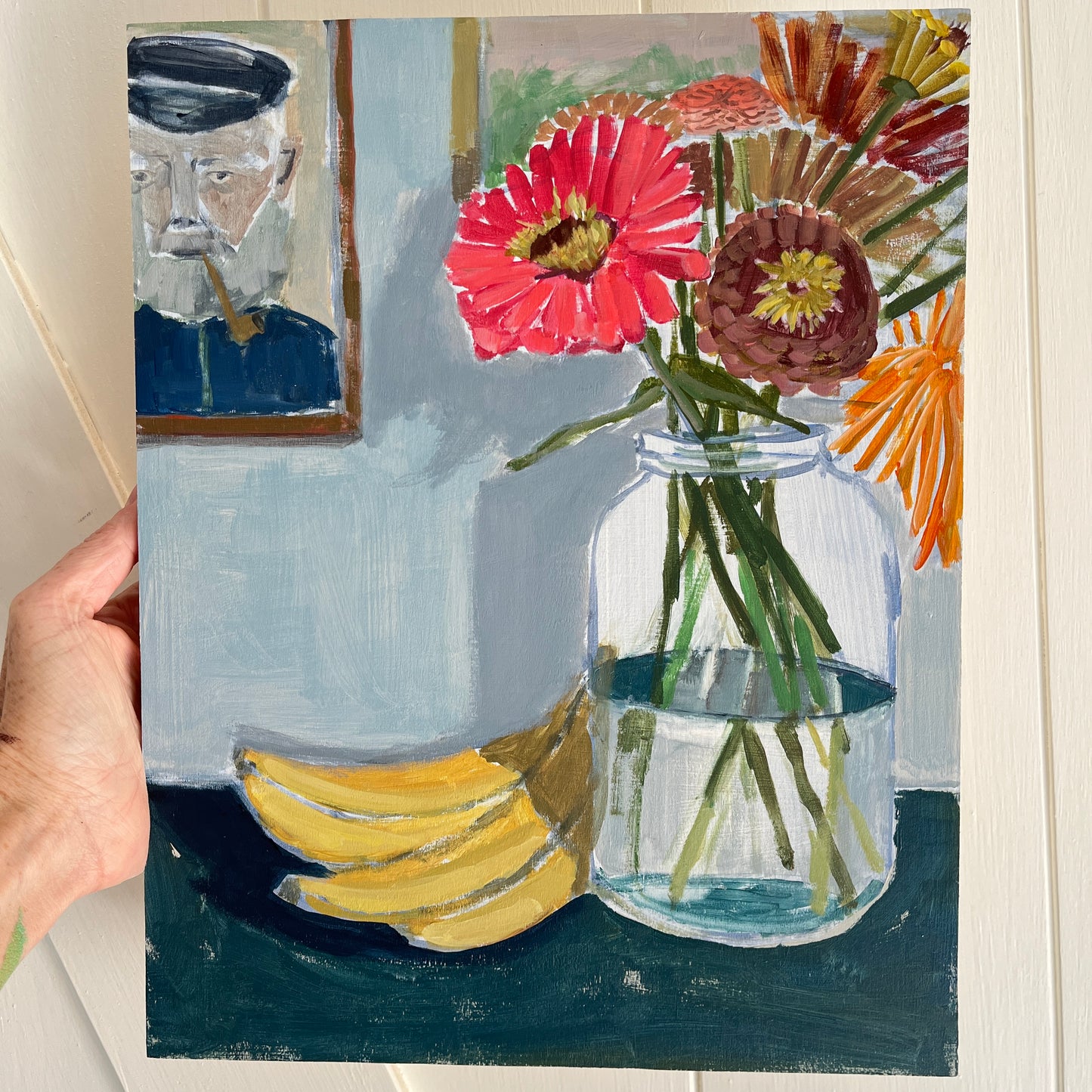 Bananas and Zinnias, original still life painting by Maggie Stickney