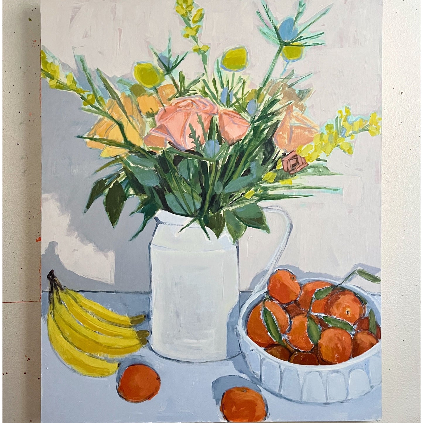 Birthday Bouquet with Bananas and Satsumas, original still life painting by Maggie Stickney