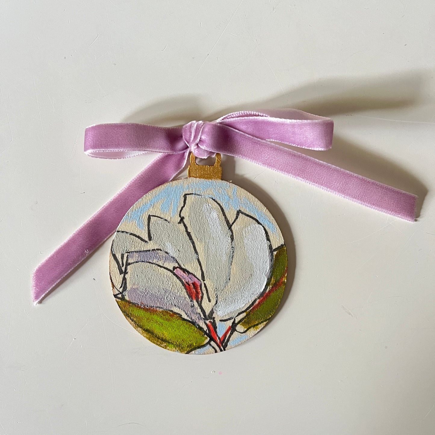 Magnolia no 5 ornament, hand-painted ornament by Maggie Stickney