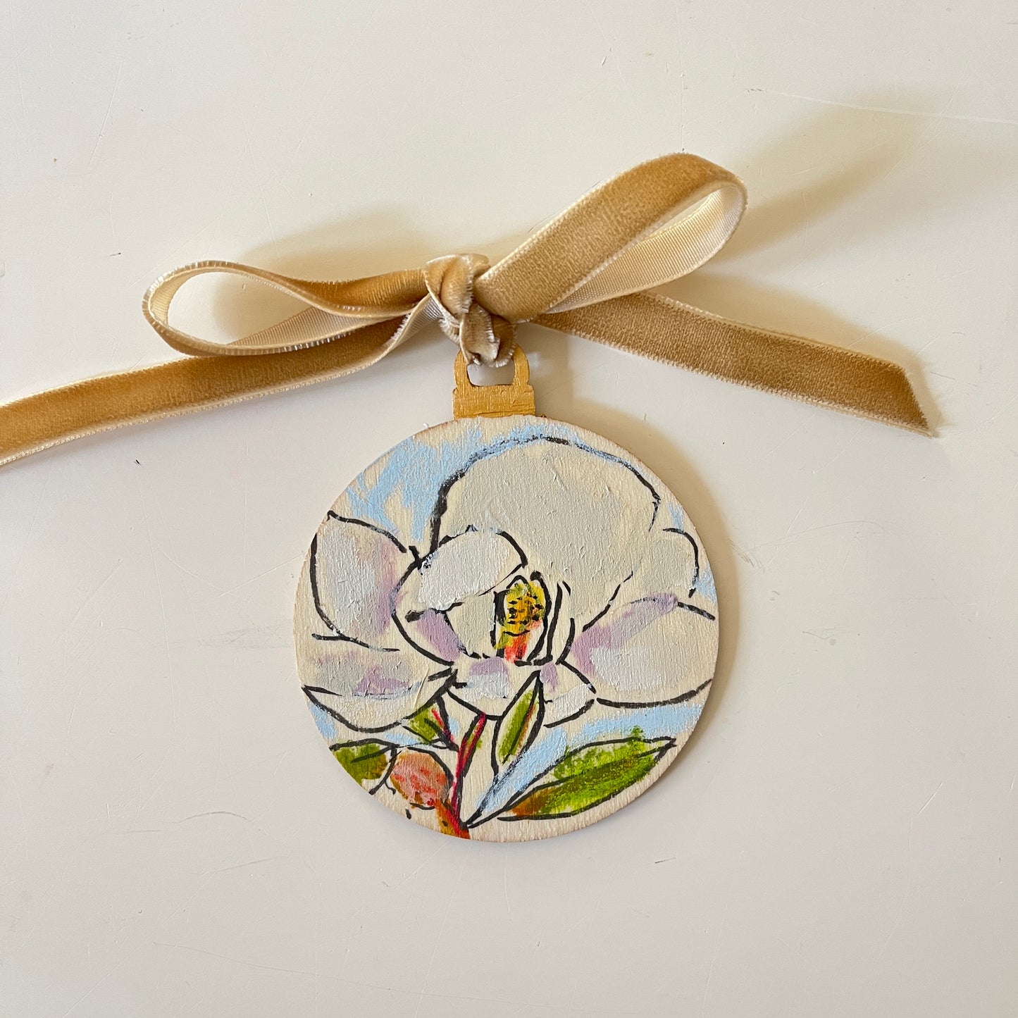 Magnolia no 19 ornament, hand-painted ornament by Maggie Stickney