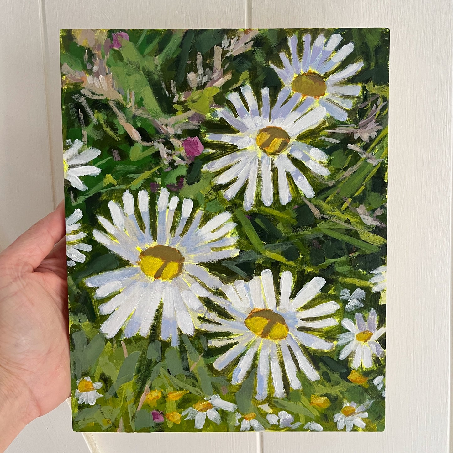 Clovers and Daisies, original landscape painting by Maggie Stickney