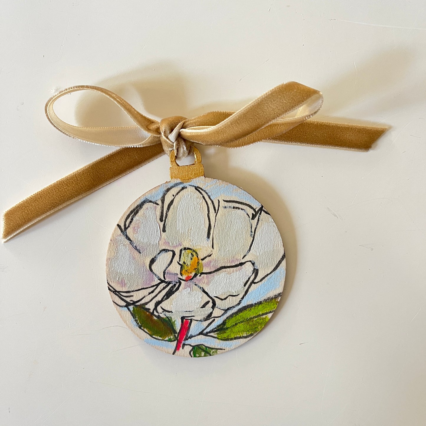 Magnolia no 18 ornament, hand-painted ornament by Maggie Stickney