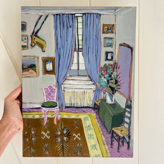 Periwinkle Drapes, original still life painting by Maggie Stickney