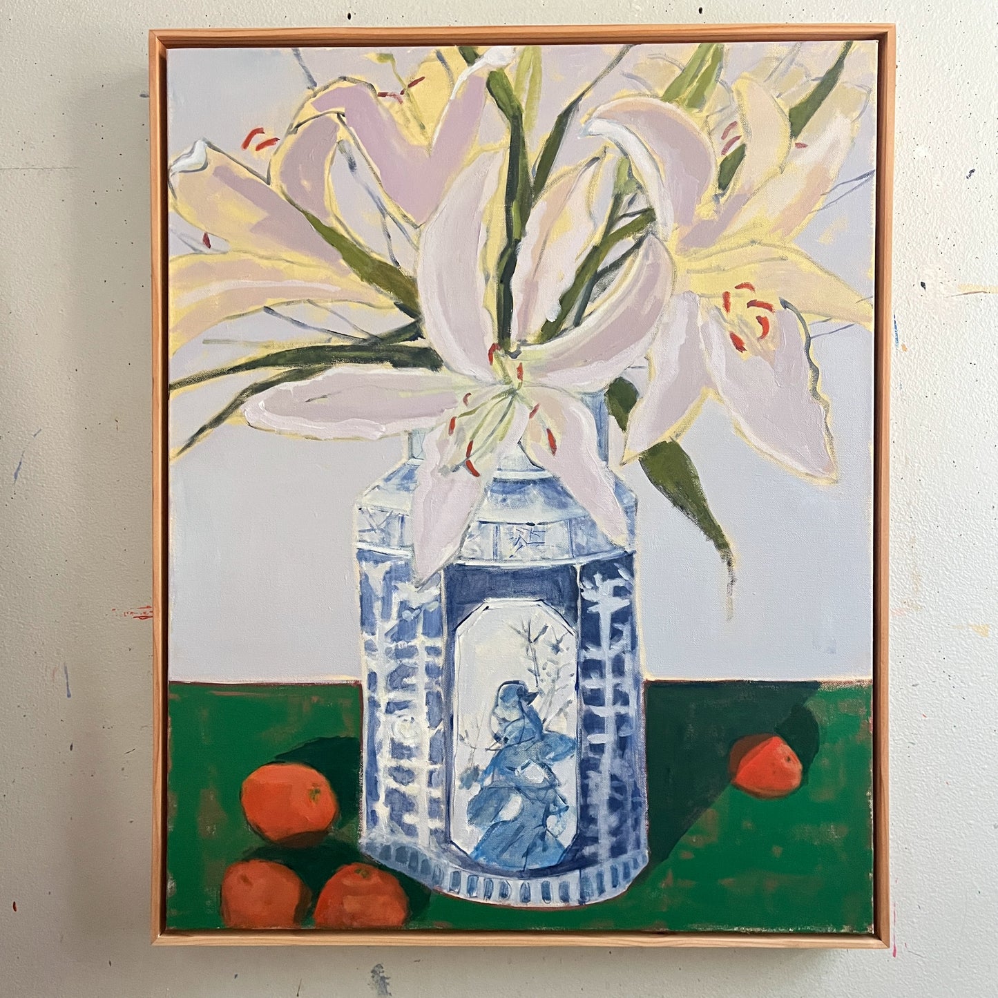 Lilies in a Fancy Vase on a Green Table, original still life painting by Maggie Stickney