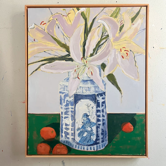 Lilies in a Fancy Vase on a Green Table, original still life painting by Maggie Stickney
