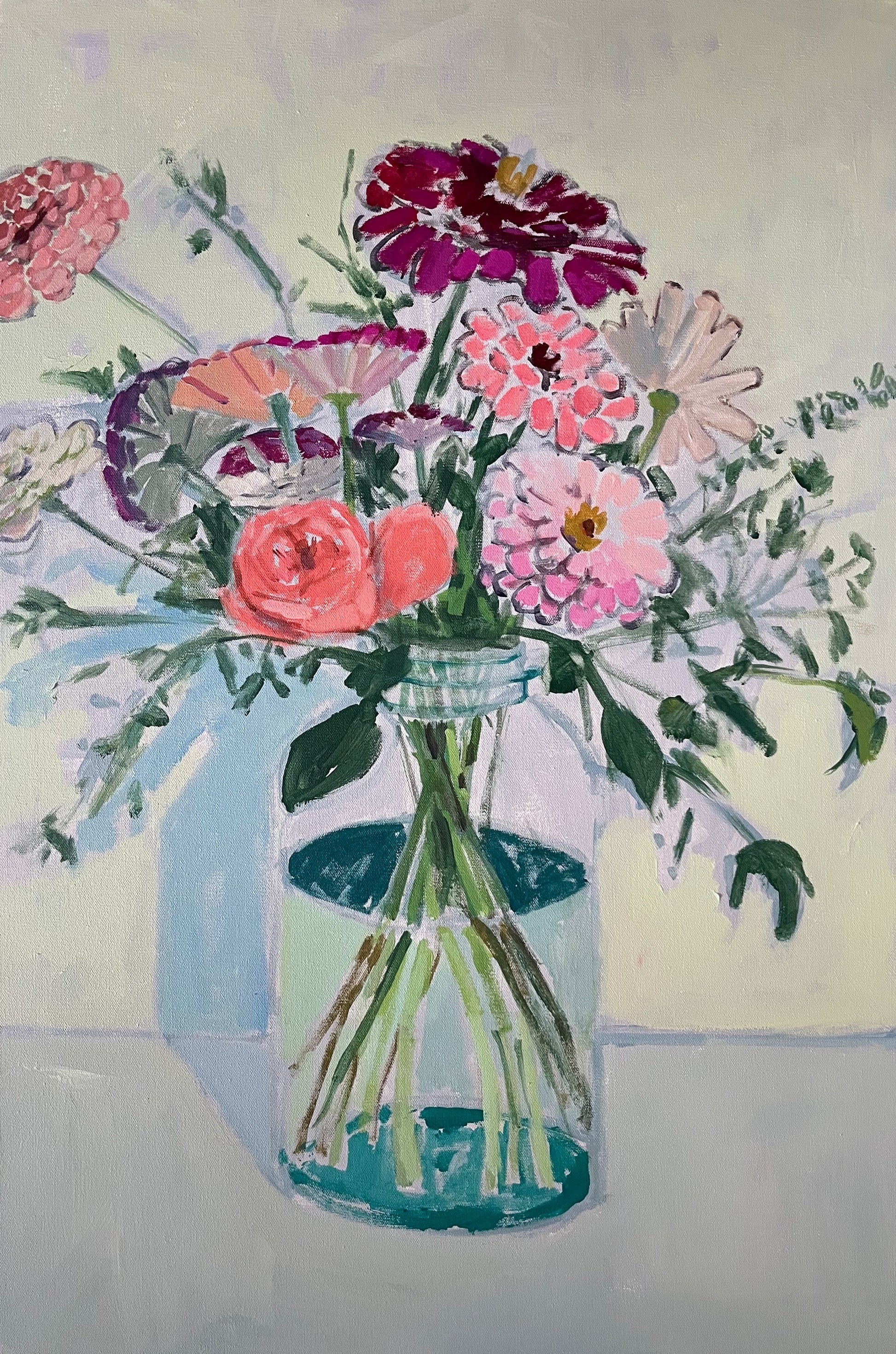 Mostly Zinnias, original still life painting by Maggie Stickney