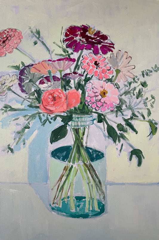 Mostly Zinnias, original still life painting by Maggie Stickney