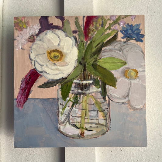 Jam Jar Bouquet with Camellias — white and pink flowers with green leaves in a clear jam jar. Painting by Maggie Stickney.
