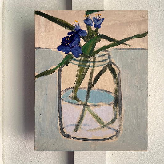 Spiderwort — small blue-purple spiderwort flowers on long green stems in a clear jar. Painting by Maggie Stickney.