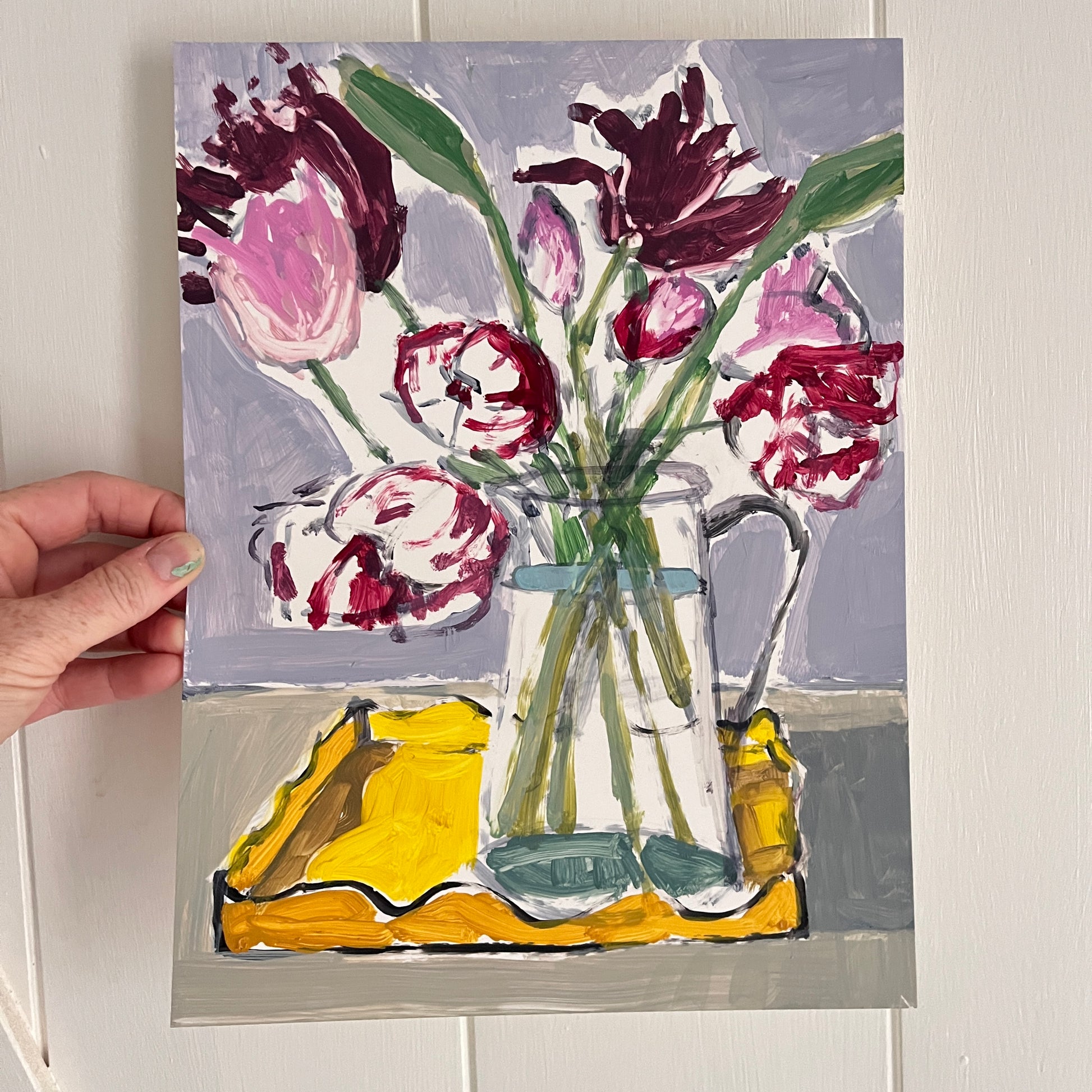 Fancy Tulips no 1, original still life painting by Maggie Stickney