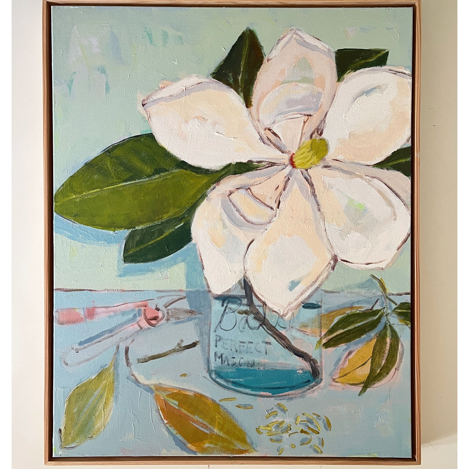 Magnolia in a Jar No. 4, original still life painting by Maggie Stickney