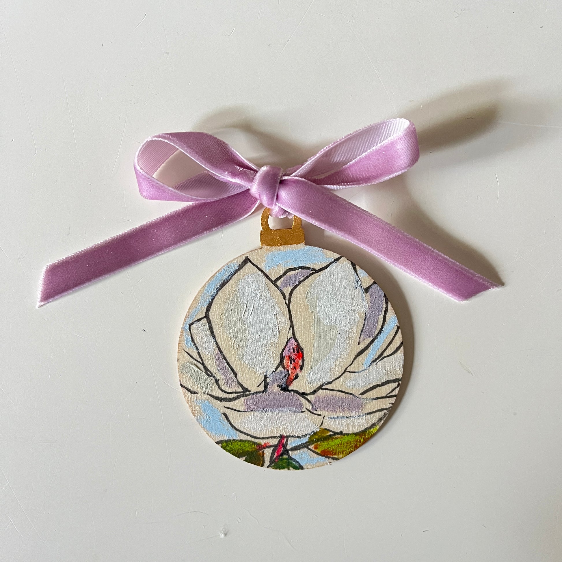 Magnolia no 8 ornament, hand-painted ornament by Maggie Stickney