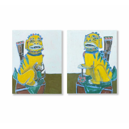 Golden Foo Dogs ( set of 2), original animal painting by Maggie Stickney