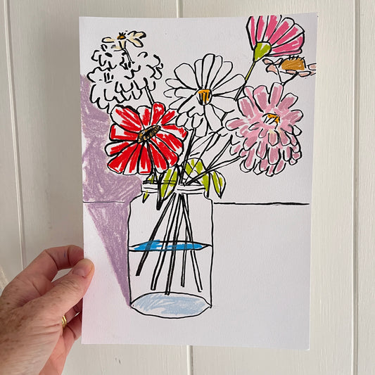 Zinnia Sketch no 4, original still life painting by Maggie Stickney