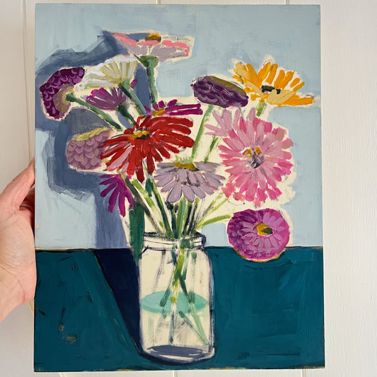 Zinnias, original still life painting by Maggie Stickney