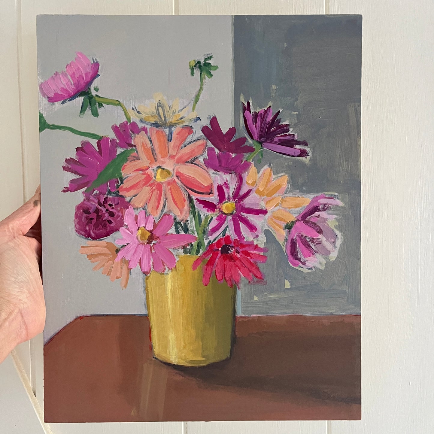 Dahlias in Brass Vase, original still life painting by Maggie Stickney