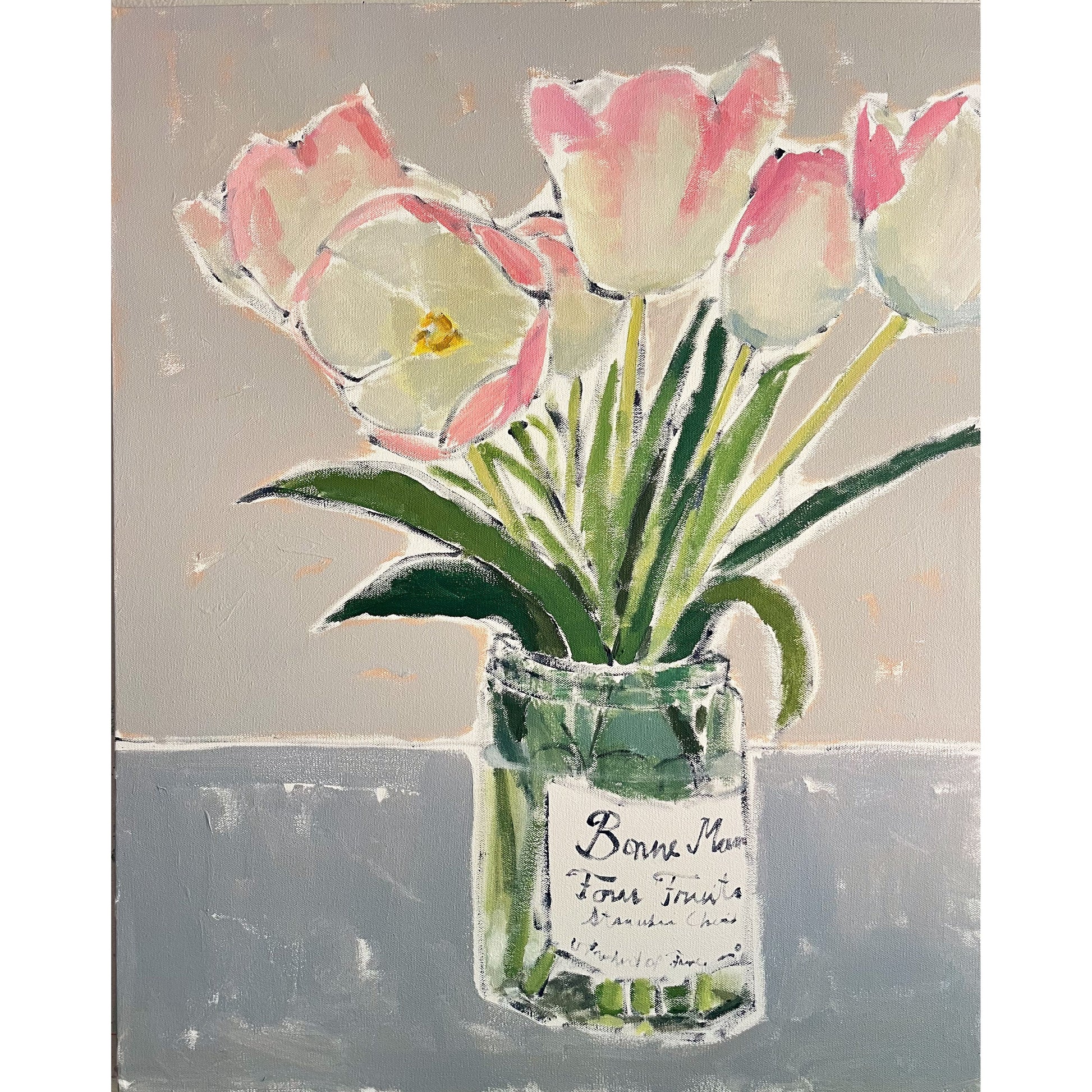 Tulips in Jam Jar no 1, original still life painting by Maggie Stickney