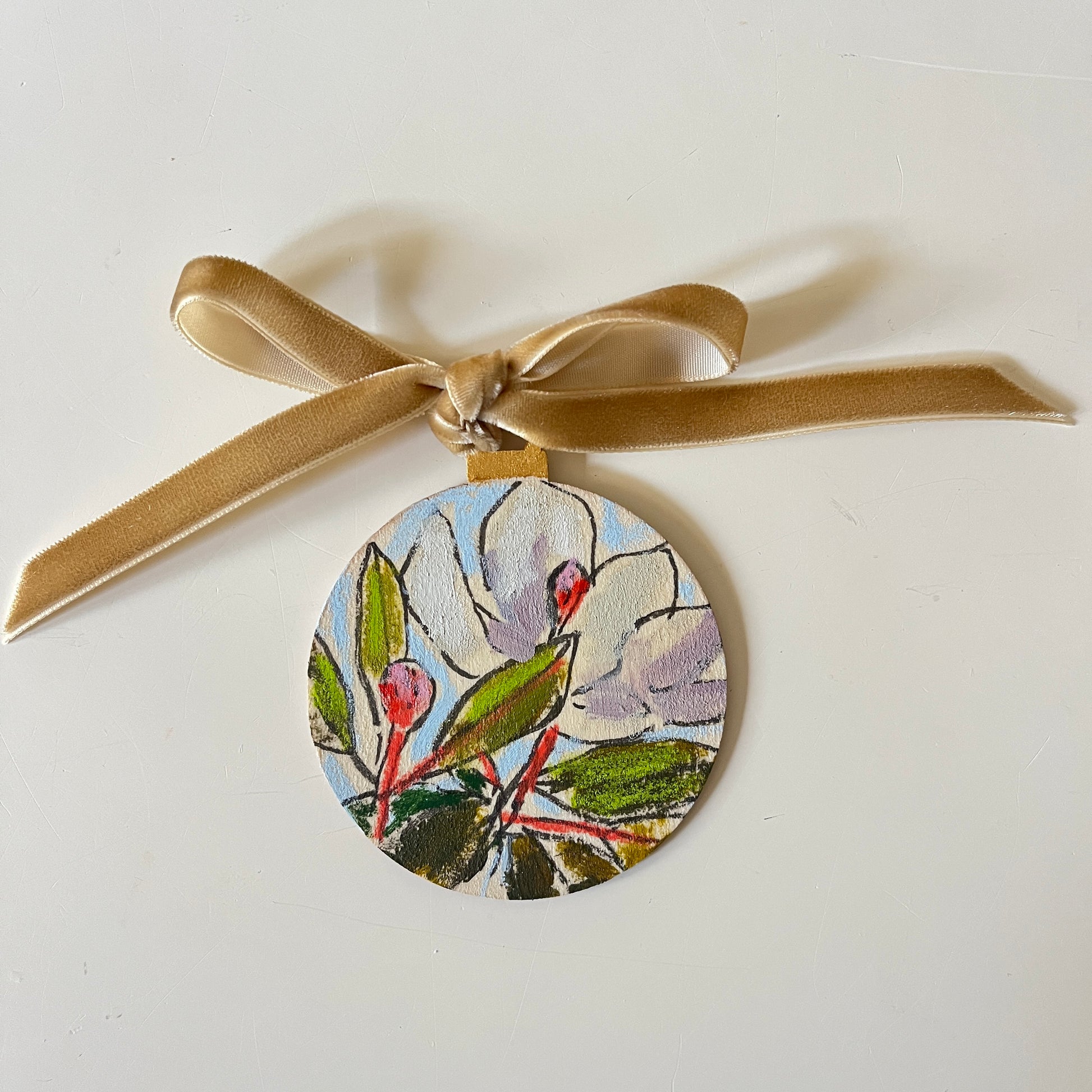 Magnolia no 12 ornament, hand-painted ornament by Maggie Stickney