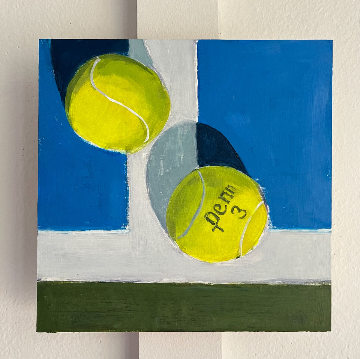 Deuce — two bright yellow tennis balls casting shadows on a blue-and-white court. Painting by Maggie Stickney.