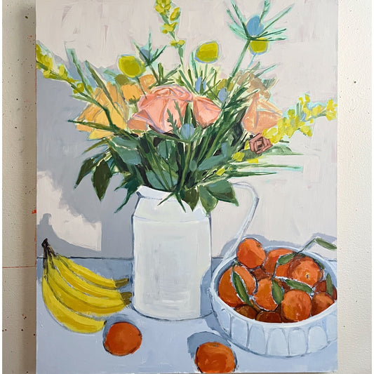 Birthday Bouquet with Bananas and Satsumas, original still life painting by Maggie Stickney