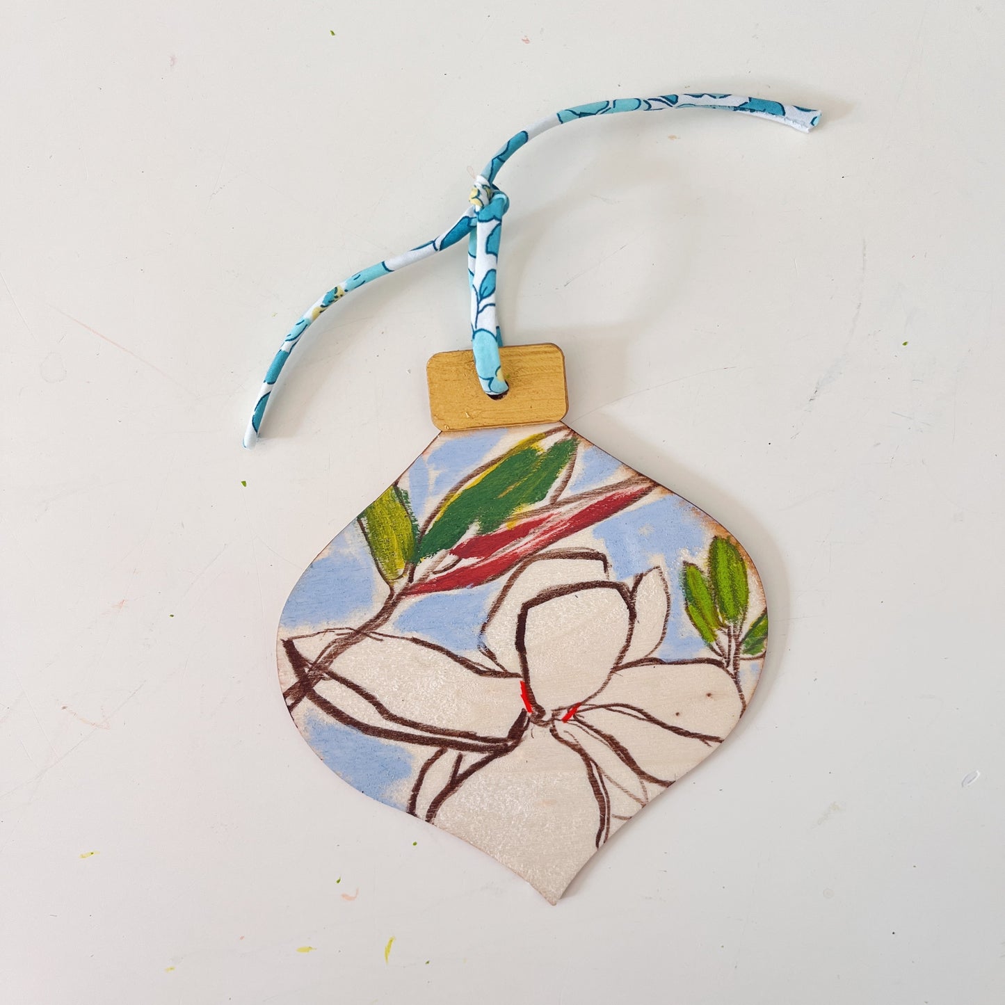 Magnolia no 5 ornament, hand-painted ornament by Maggie Stickney
