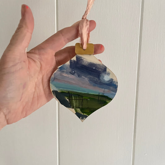 Silent Marsh Ornament no 2, hand-painted ornament by Maggie Stickney