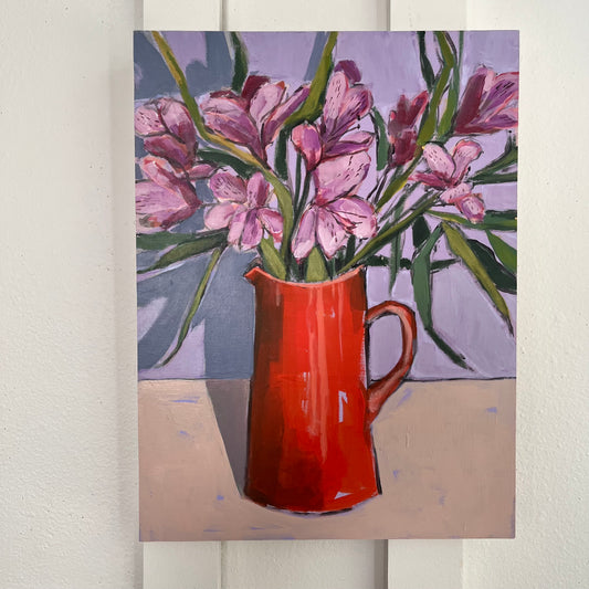 Red Pitcher no 2 — pink flowers and green stems in a tall red pitcher against a lavender background. Painting by Maggie Stickney.