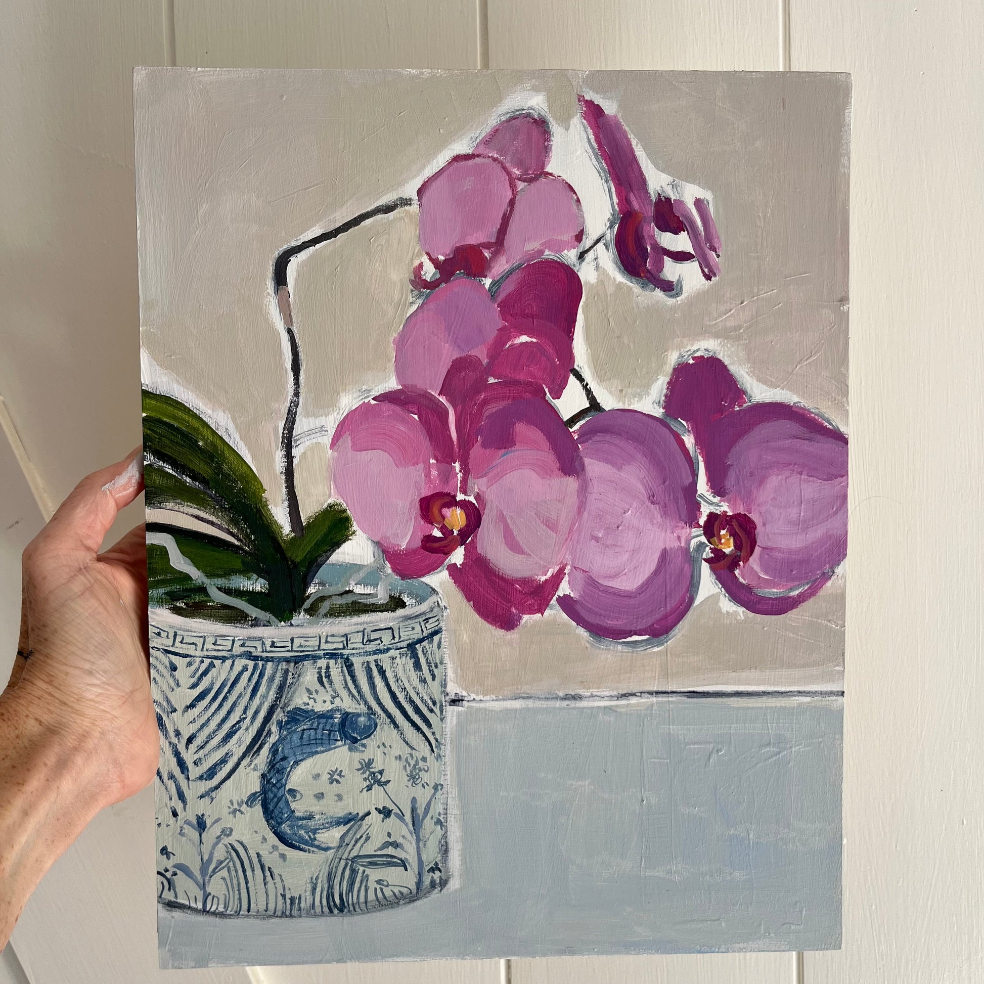 Pink Orchid no 9, original still life painting by Maggie Stickney