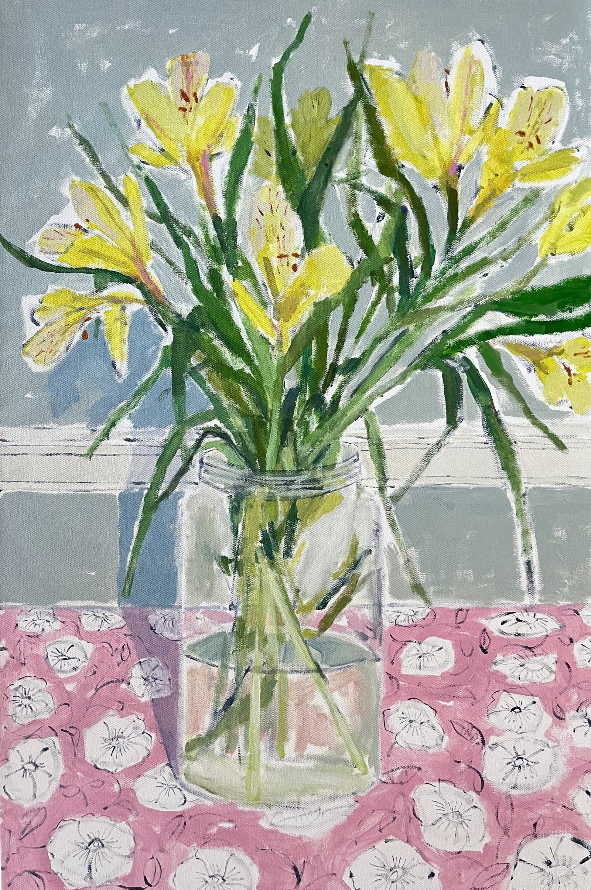 Yellow Alstroemeria, original still life painting by Maggie Stickney