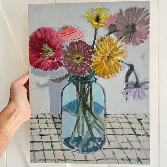Zinnia Bouquet no 2, original still life painting by Maggie Stickney