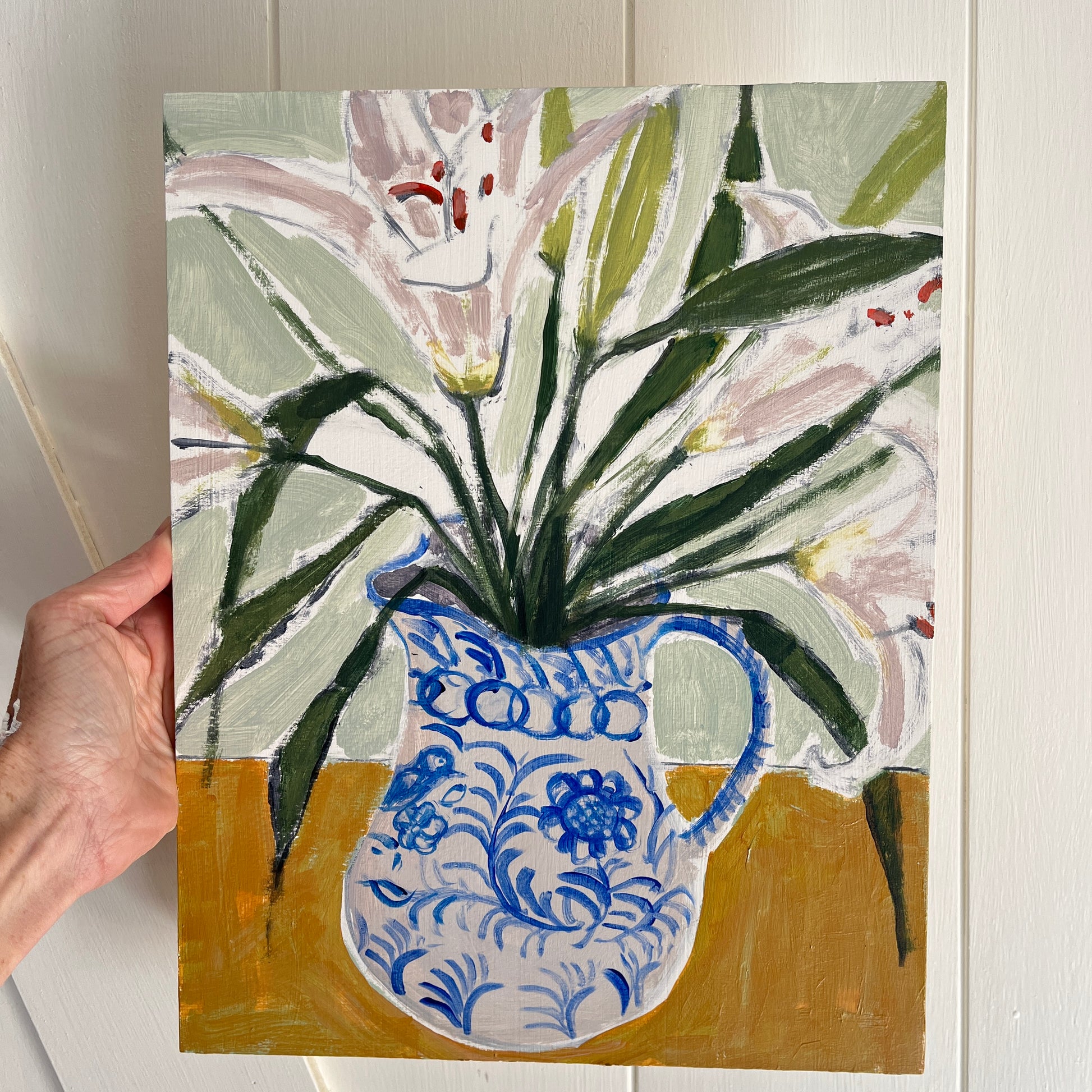 Painted Vase with Lillies, original still life painting by Maggie Stickney