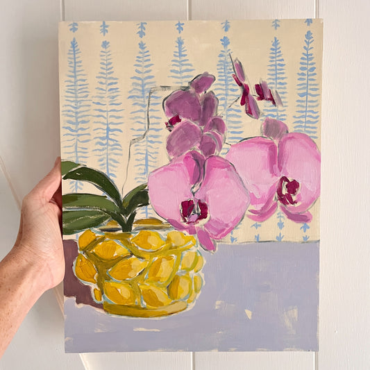 Pink Orchid no 4, original still life painting by Maggie Stickney