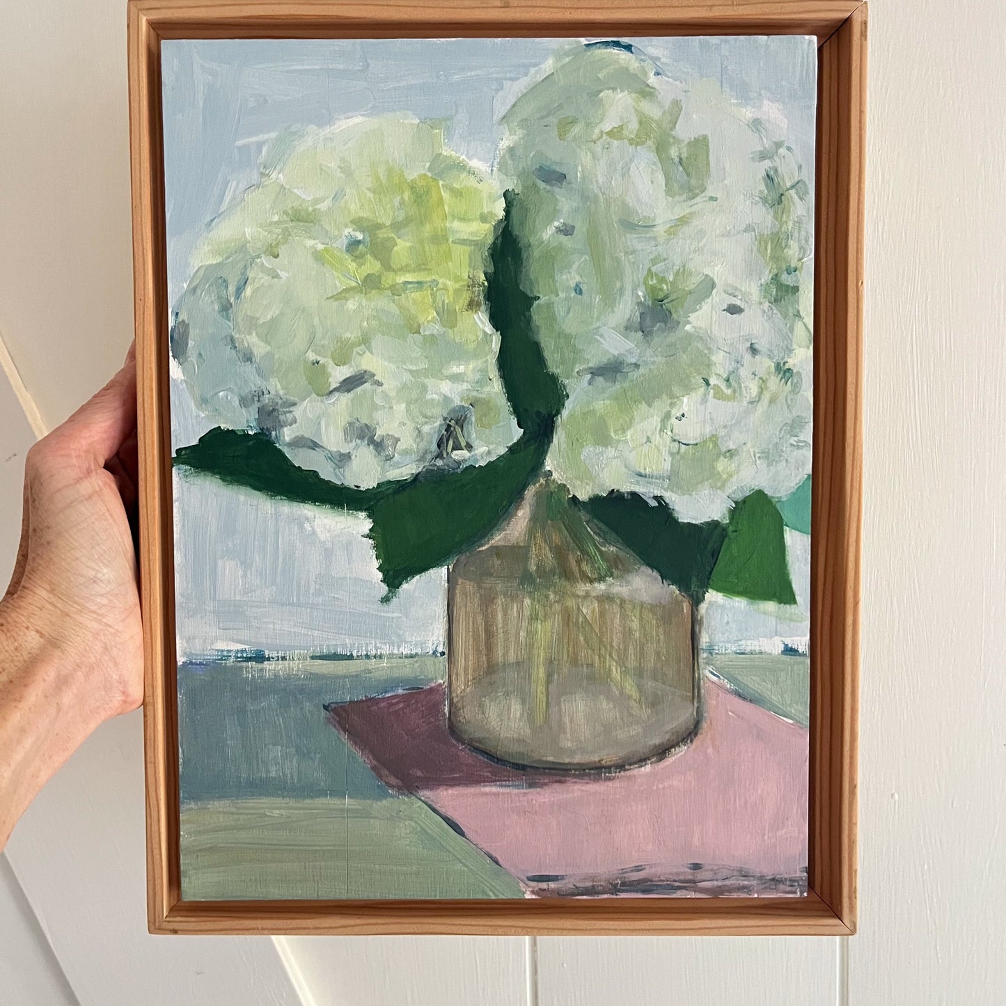 Dads Hydrangeas, original still life painting by Maggie Stickney