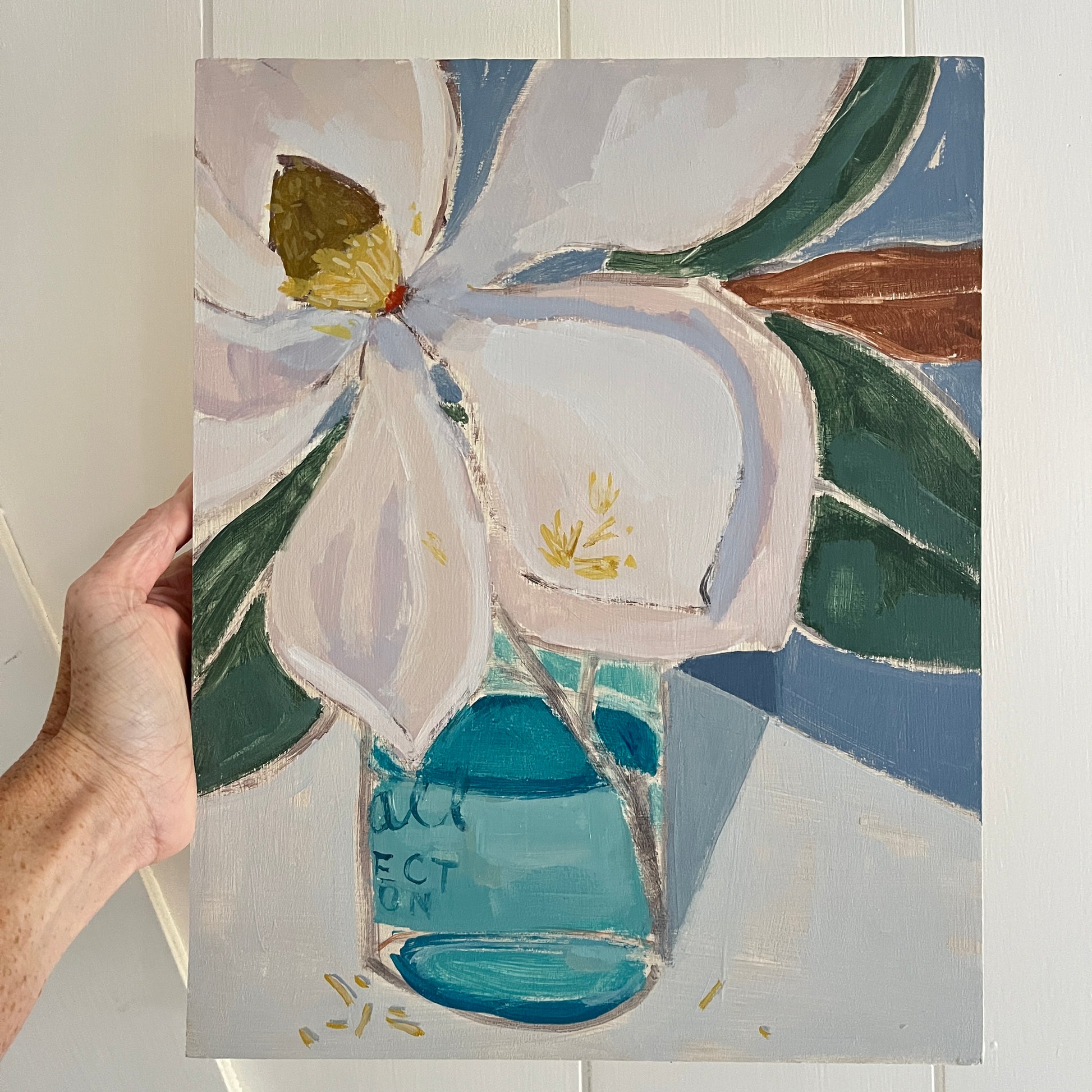 Magnolia in a Jar no 3, original still life painting by Maggie Stickney