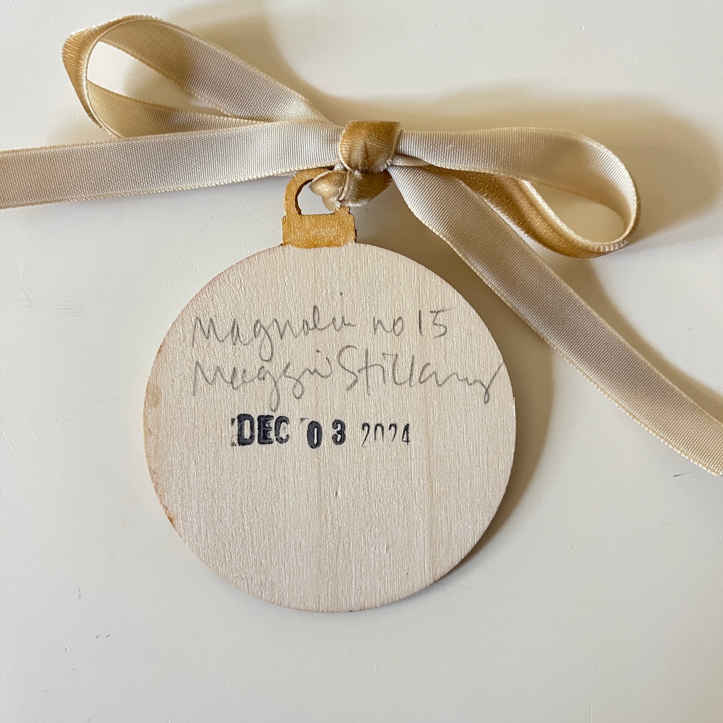 Magnolia no 15 ornament, hand-painted ornament by Maggie Stickney, detail view 2