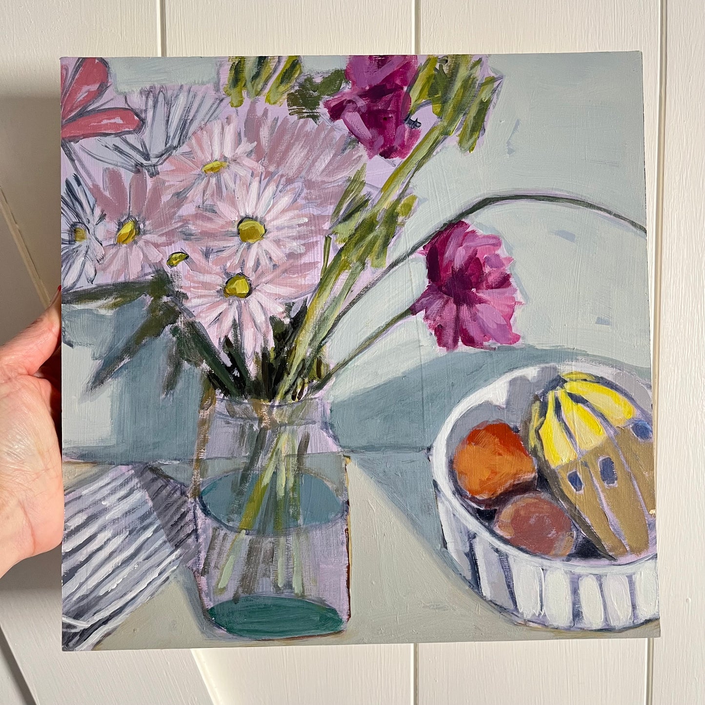 Bouquet with Fruit Bowl, original still life painting by Maggie Stickney