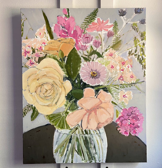 Summer Blooms at Rachel's House — a close bouquet of cream, peach, and pink flowers in a glass jar. Painting by Maggie Stickney.