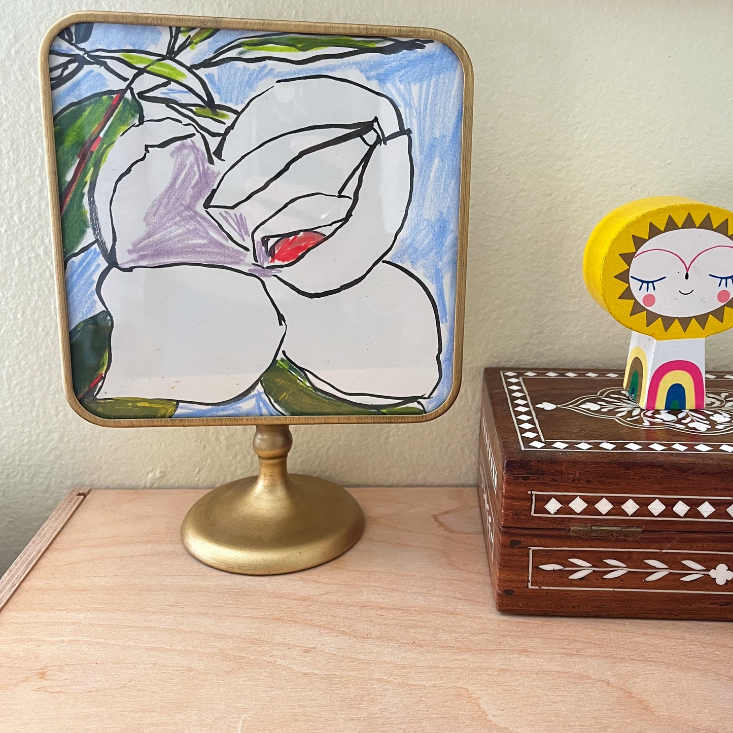 Mini Magnolia Sketch no 5, original still life painting by Maggie Stickney