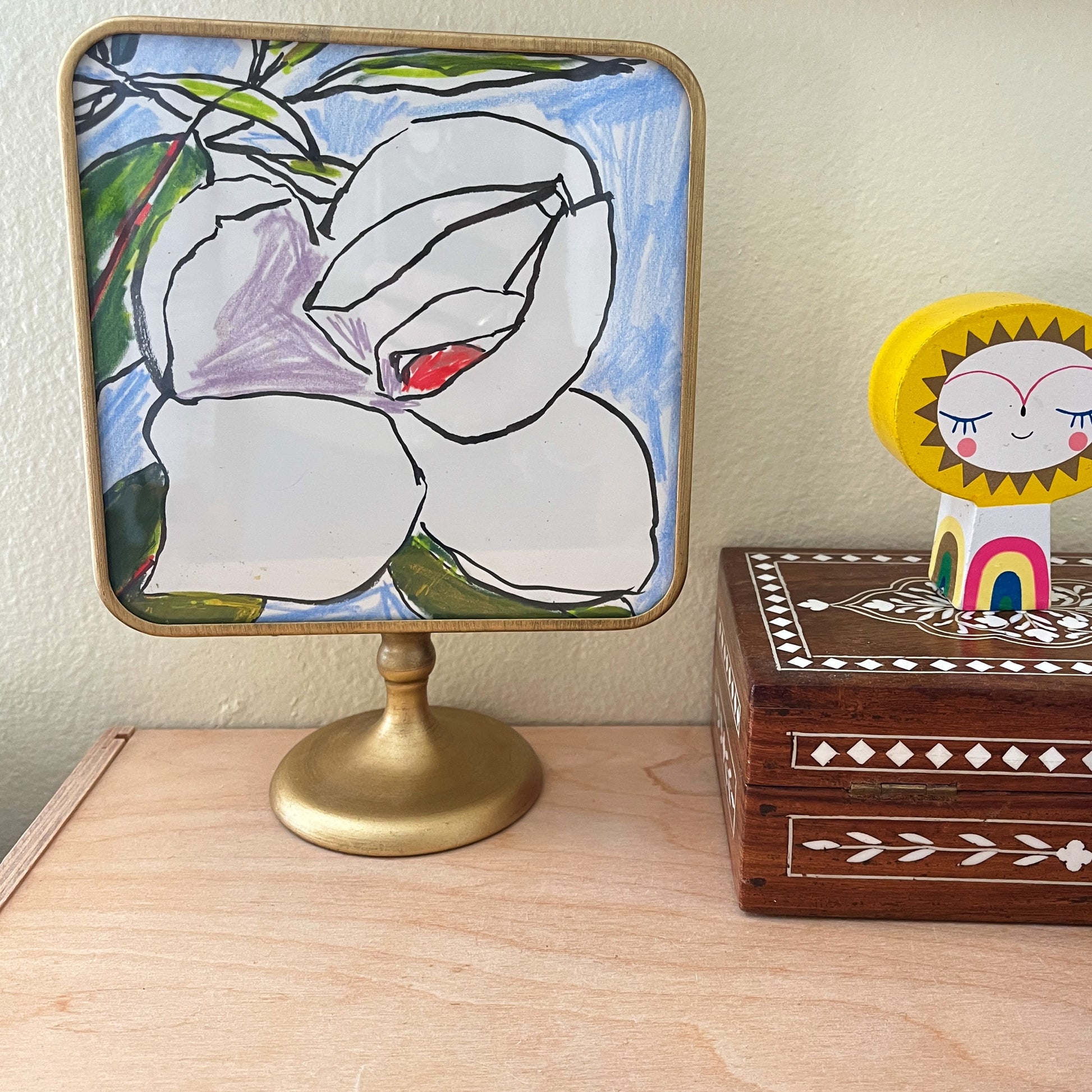 Mini Magnolia Sketch no 5, original still life painting by Maggie Stickney