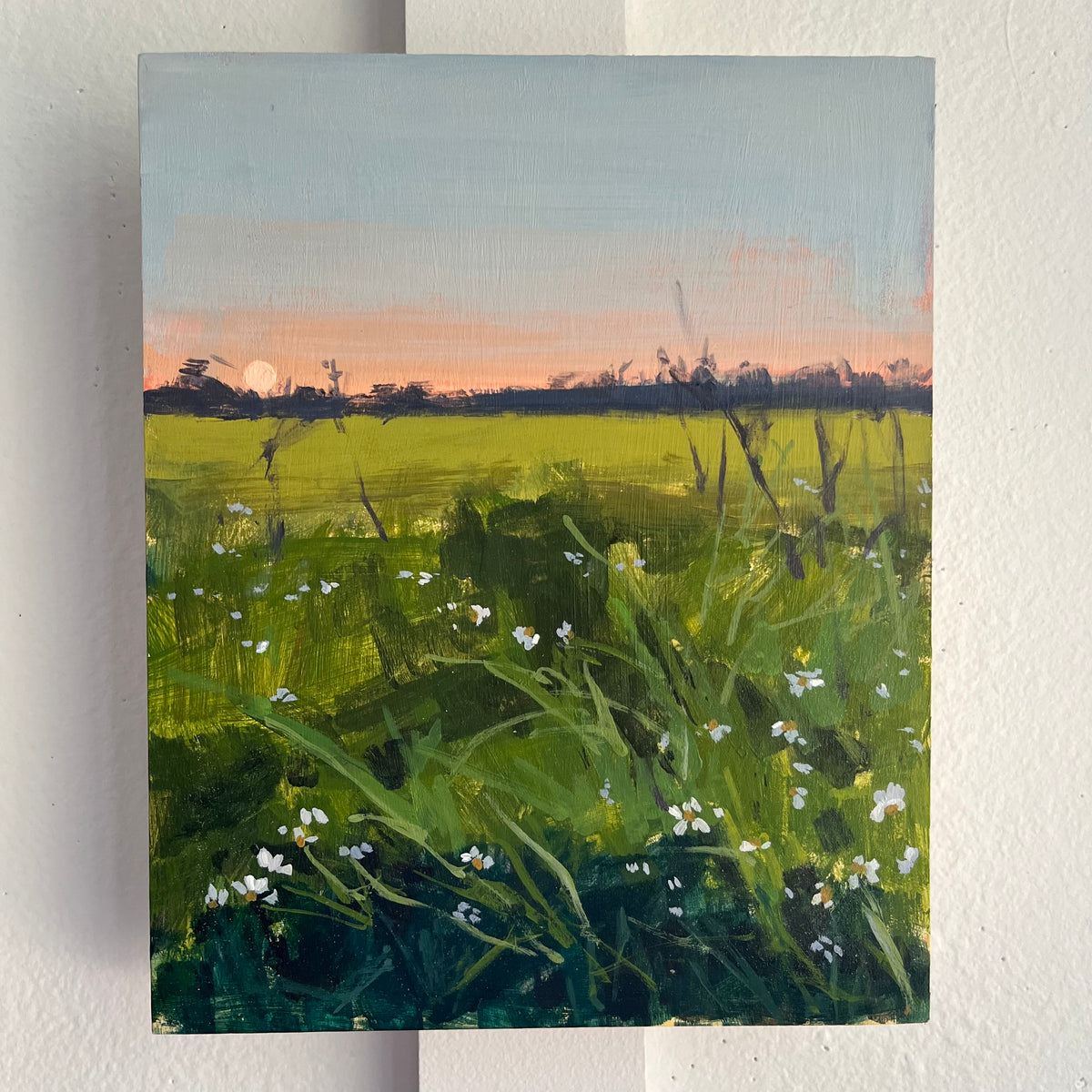 Lakewood Sunrise no 2 — white wildflowers and green grasses beneath a pale blue and peach sunrise sky. Painting by Maggie Stickney.