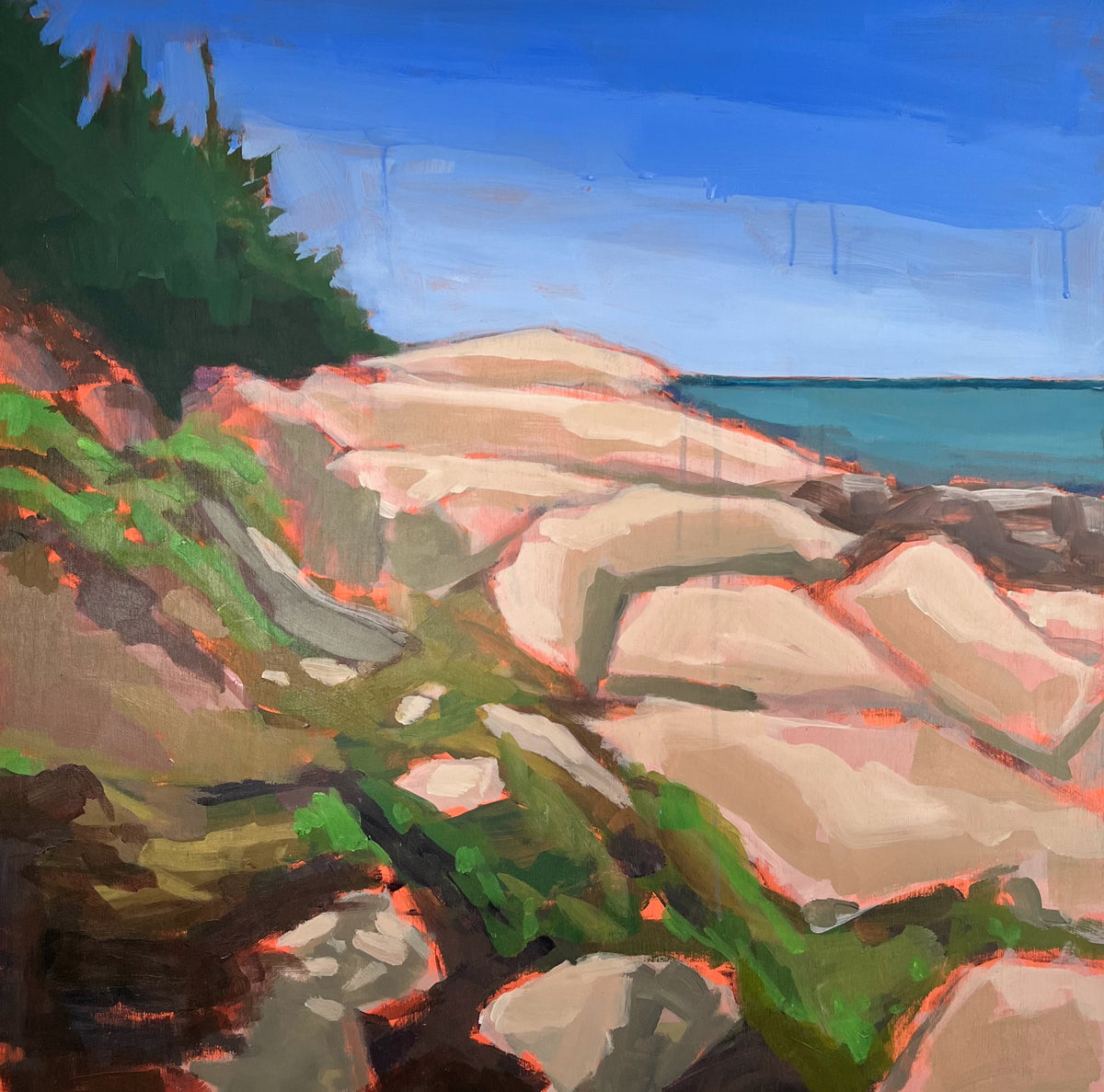 Hurricane Island, ME — pink and cream shoreline rocks beside blue-green water and dark evergreen trees. Painting by Maggie Stickney.