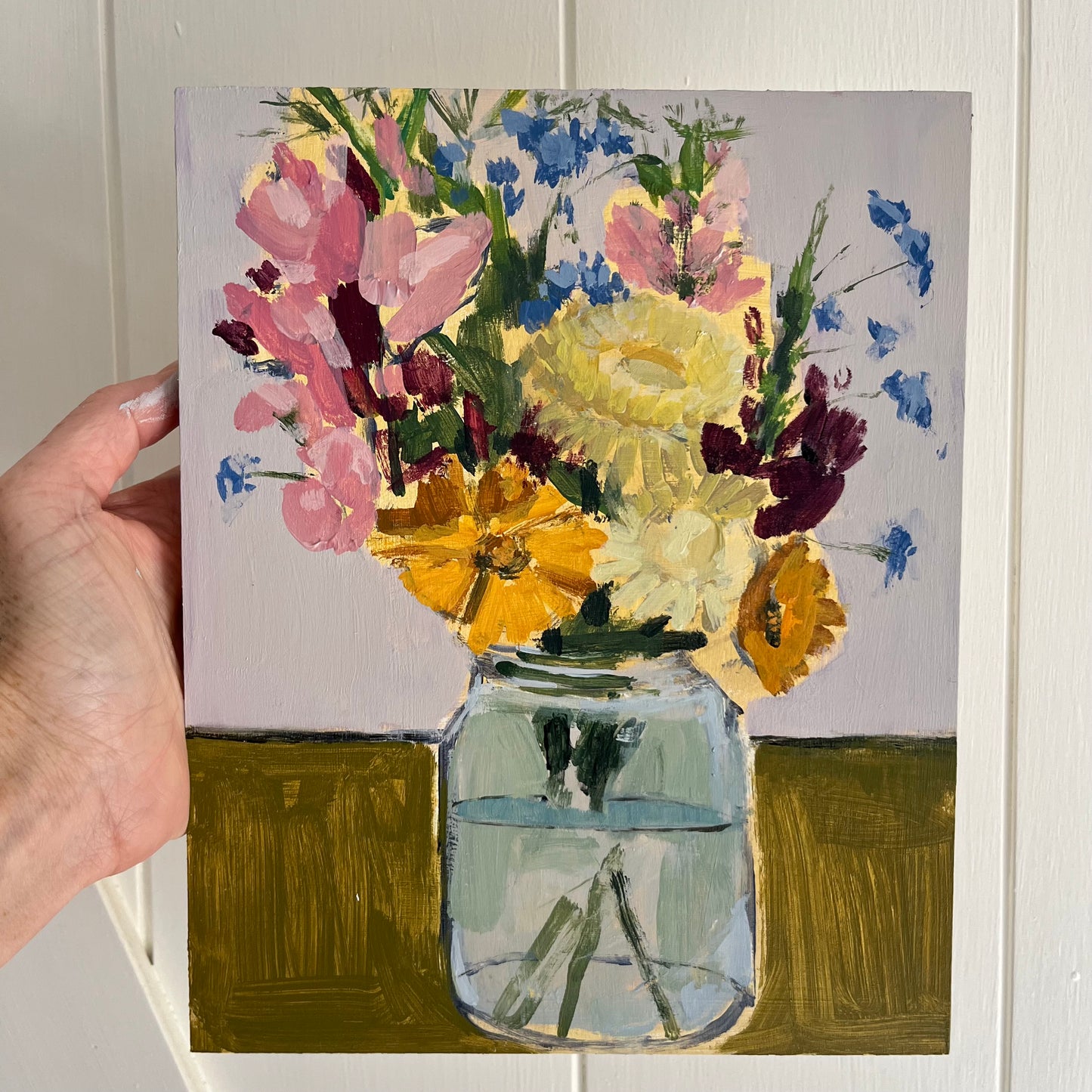 Jam Jar Bouquet, original still life painting by Maggie Stickney