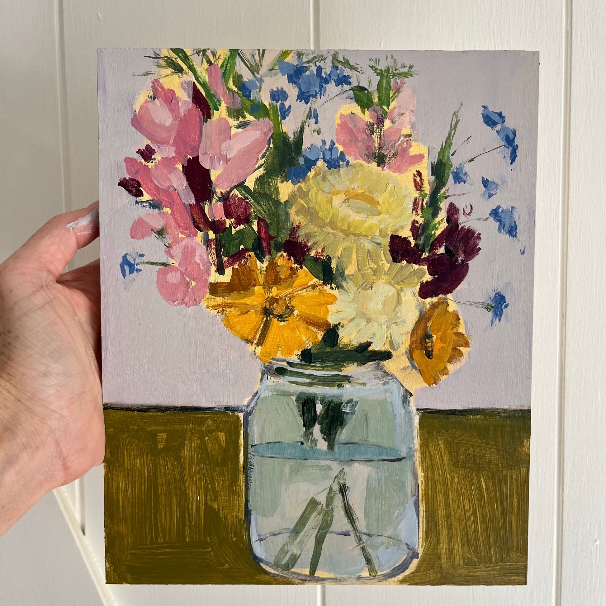 Jam Jar Bouquet, original still life painting by Maggie Stickney