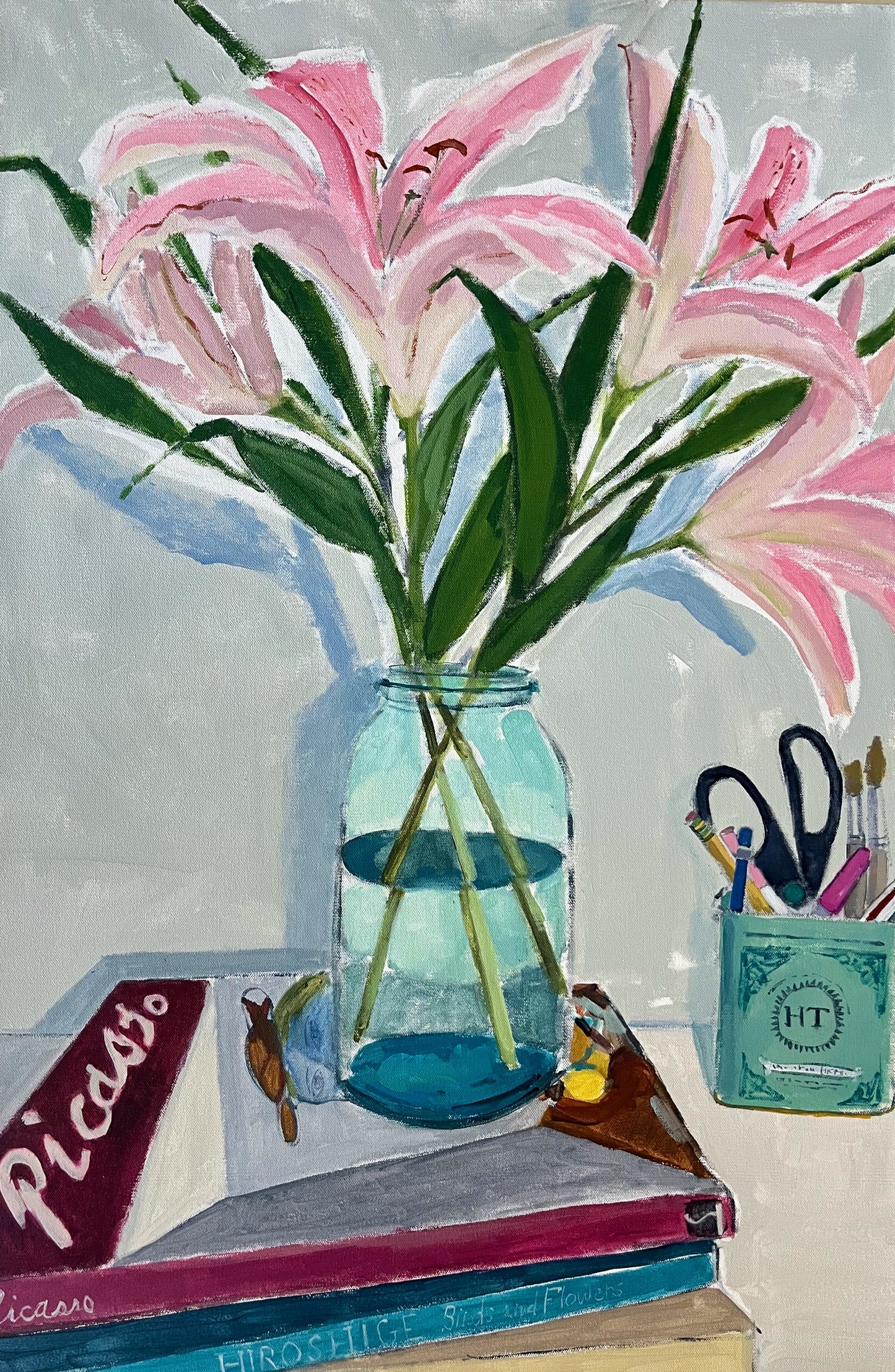 Lilies and Tea Tin, original still life painting by Maggie Stickney