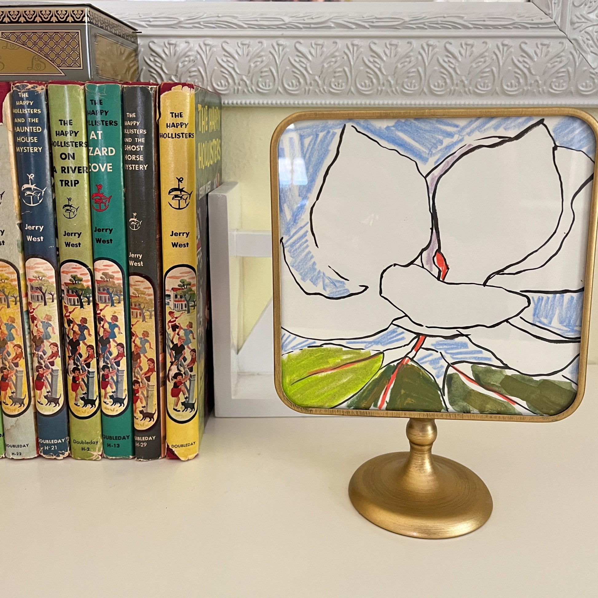 Mini Magnolia Sketch no 4, original still life painting by Maggie Stickney